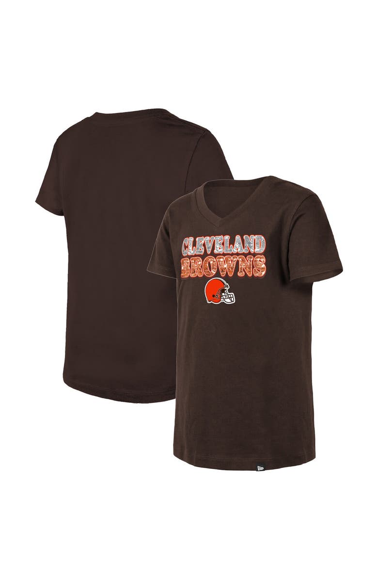 New Era Girls Youth New Era Brown Cleveland Browns Reverse Sequin V-Neck T-Shirt, Alternate, color, 