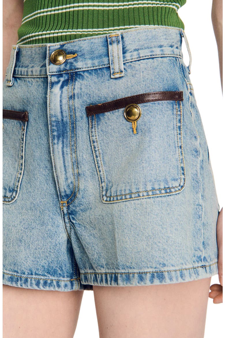 Denim shorts with leather detail, Main, color, Blue jean