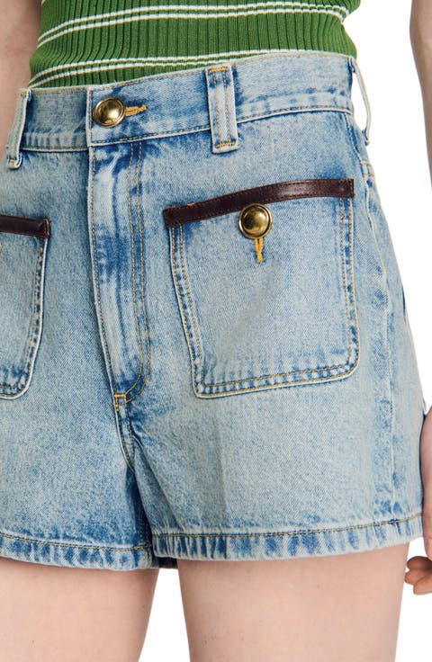 Denim shorts with leather detail