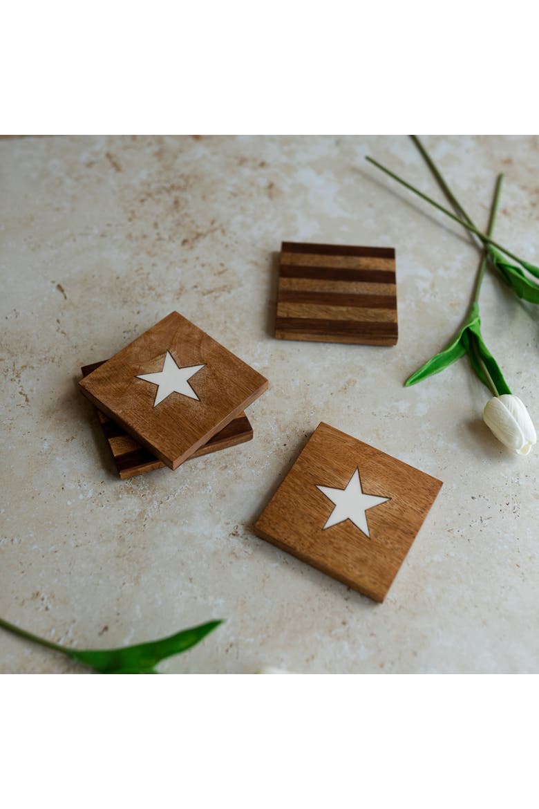Set of 4 Stars & Stripes Coasters Mango Wood & Resin, Alternate, color, Brown