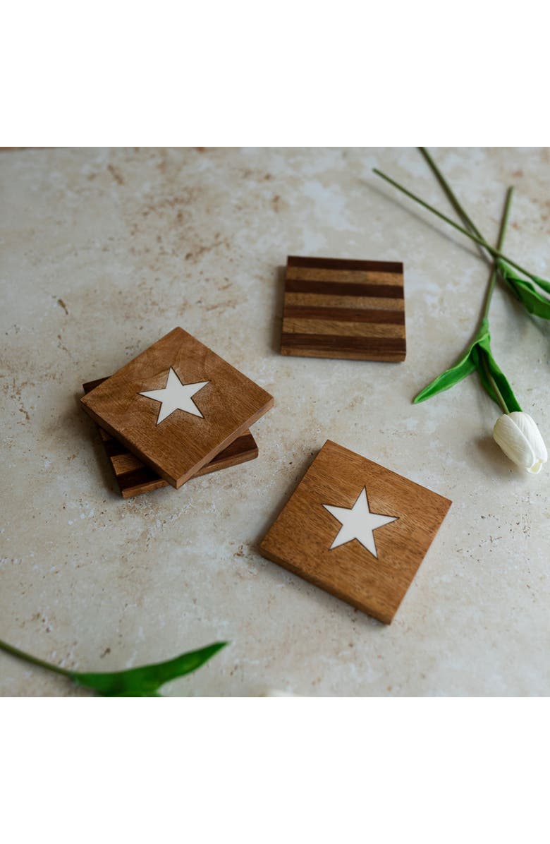 Foreside Home and Garden Set of 4 Stars & Stripes Coasters Mango Wood & Resin, Alternate, color, Brown