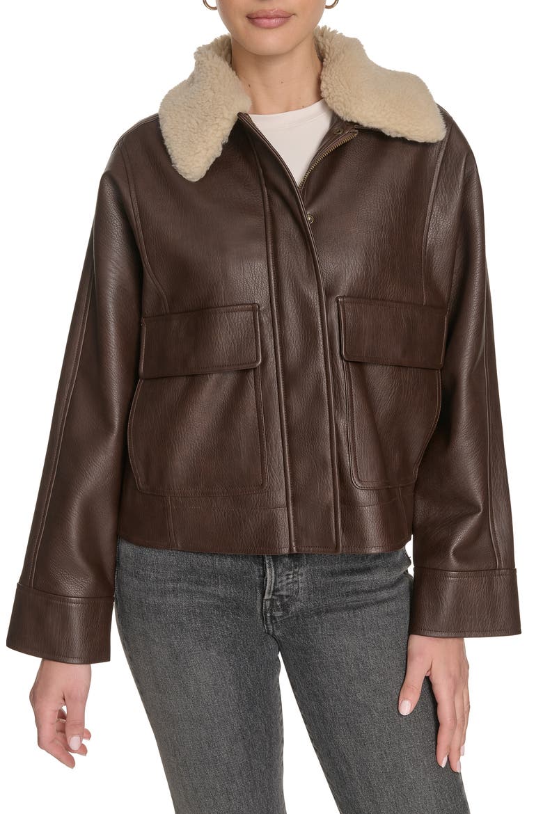 Faux Leather Aviator Jacket with High Pile Fleece Collar, Main, color, BROWN/ CREAM