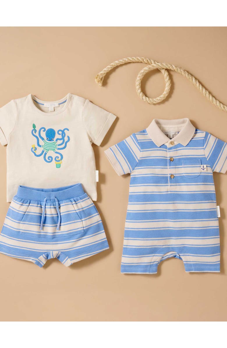 Purebaby Striped Polo Romper, Alternate, color, Ocean Stripe