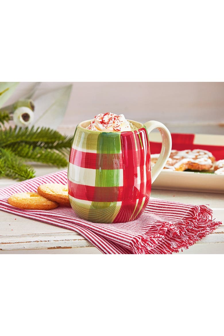 Hand Painted Plaid Mug Christmas Red Ceramic Drinkware, Alternate, color, Red