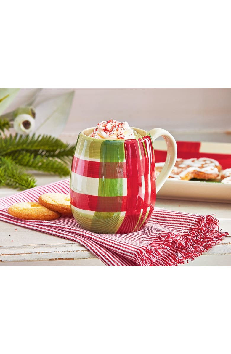 tag Hand Painted Plaid Mug Christmas Red Ceramic Drinkware, Alternate, color, Red