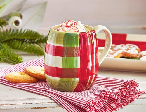 Tag Hand Painted Plaid Mug Christmas Red Ceramic Drinkware In Red