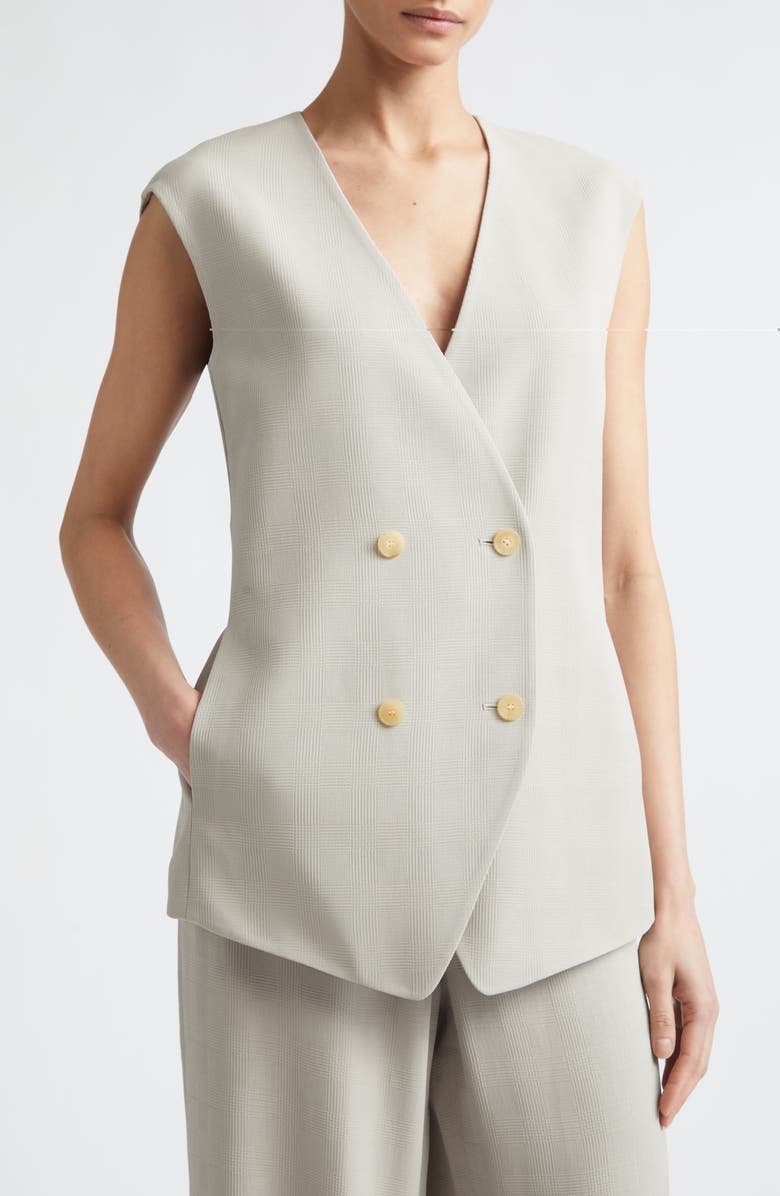 Lafayette 148 New York Grid Plaid Crepe Double Breasted Vest, Alternate, color, Cement