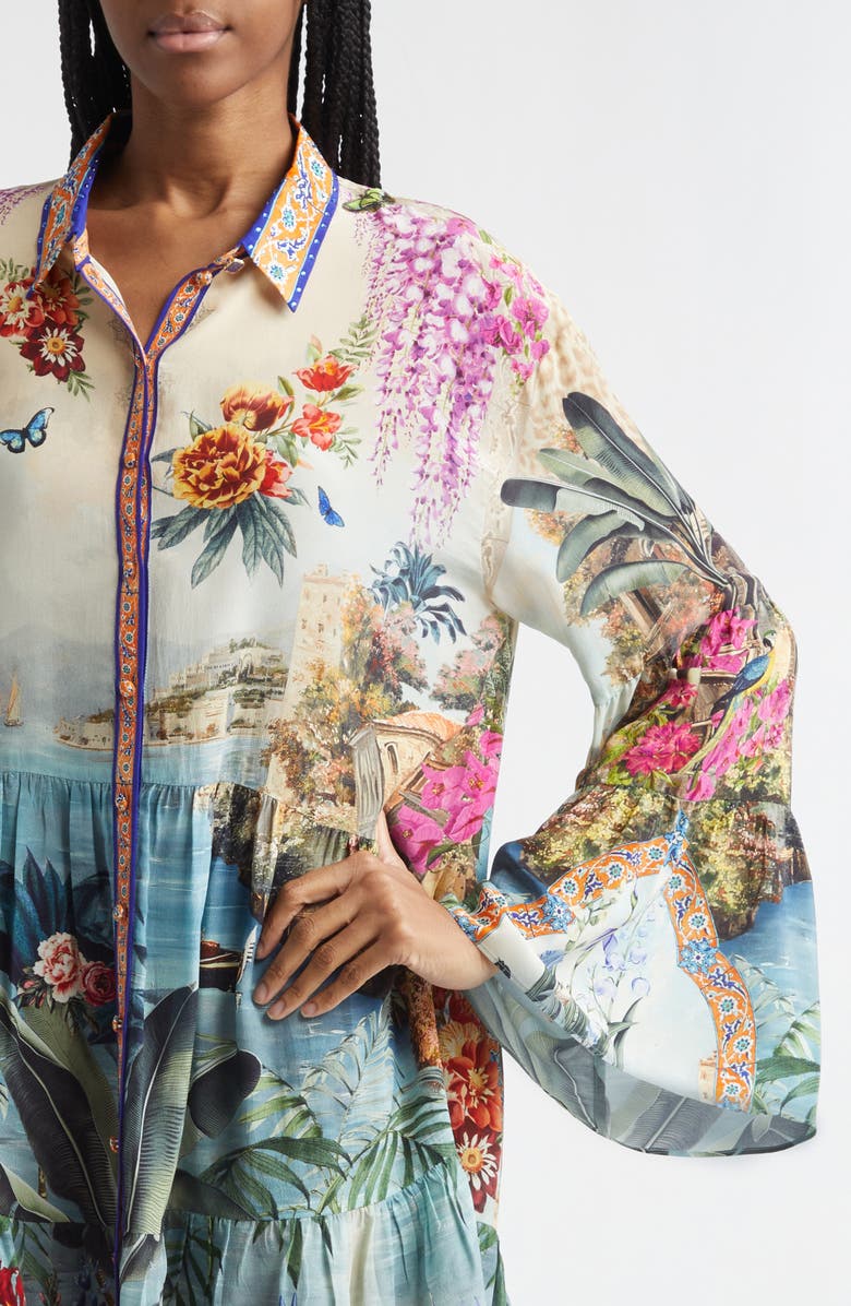Camilla Bodrum Botanicals Print Long Sleeve Tiered Silk Shirtdress, Alternate, color, Bodrum Botanicals