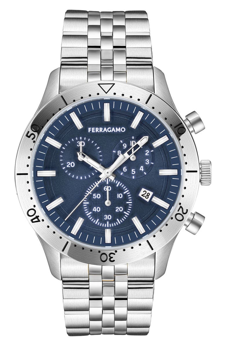 FERRAGAMO Master Bracelet Strap Chronograph Watch, 43mm, Main, color, Stainless Steel