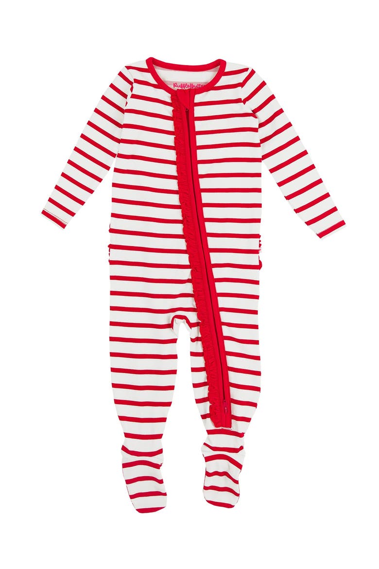Modal Blend Ruffle One Piece Footie Pajamas, Main, color, Red & White Stripe
