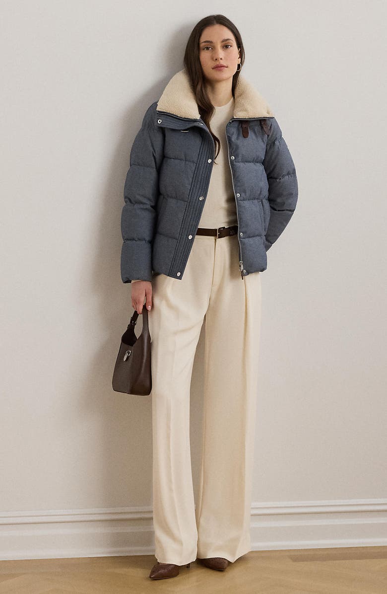 Lauren Ralph Lauren Chambray Puffer Jacket with Faux Shearling Collar, Alternate, color, 