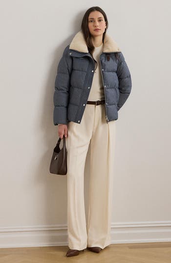 Chambray Puffer Jacket with Faux Shearling Collar