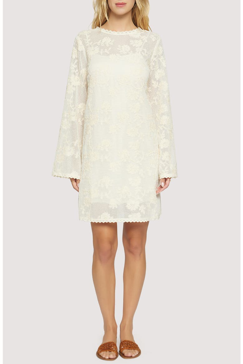 Fiorenza Floral Embroidery Long Sleeve Cotton Blend Minidress, Main, color, CREAM