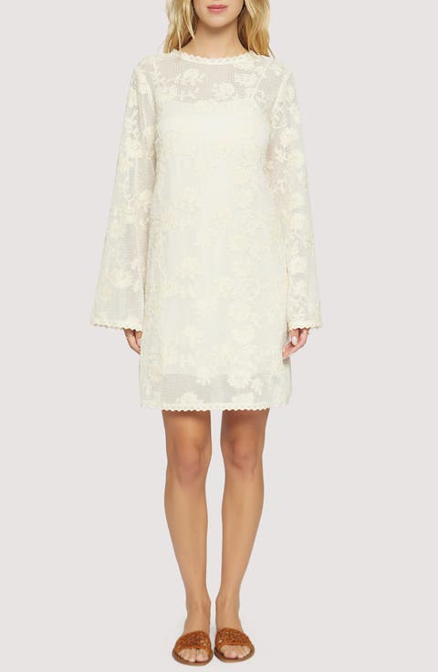 Fiorenza Floral Embroidery Long Sleeve Cotton Blend Minidress