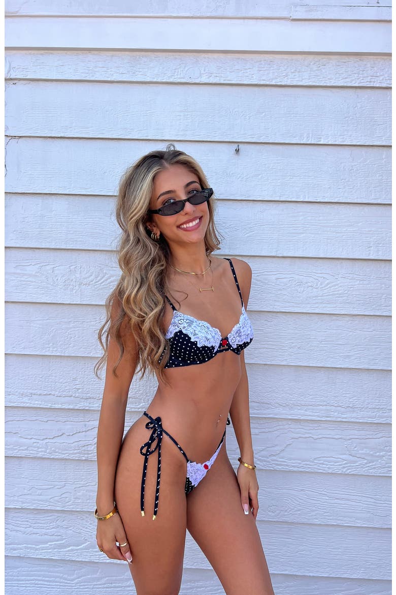 Gigi Tie Side Thong Bikini Bottom, Alternate, color, Black White Dot