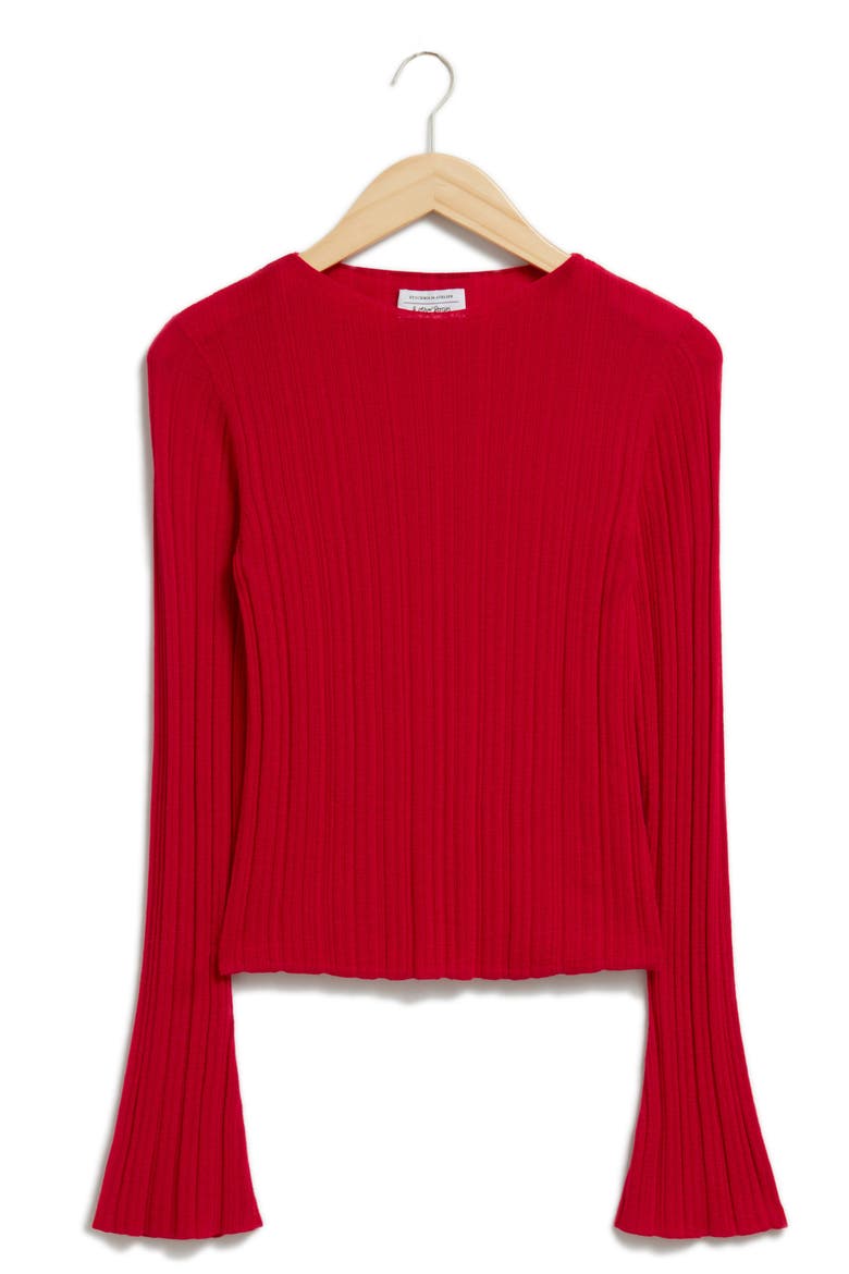 Bell Sleeve Wool Rib Sweater, Alternate, color, RED