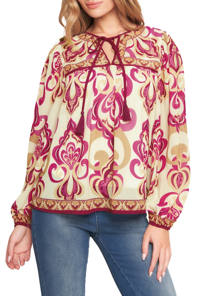 Tie Keyhole Long Sleeve Top, Main, color, IVORY PINK