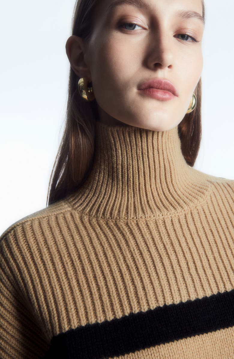 COS Stripe Button Shoulder Mock Neck Wool Sweater, Alternate, color,