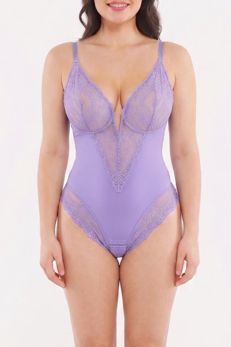 Plus Size Shapewear Lace Deep V-Neck Sculpting Thong Bodysuit, Alternate, color, Wisteria