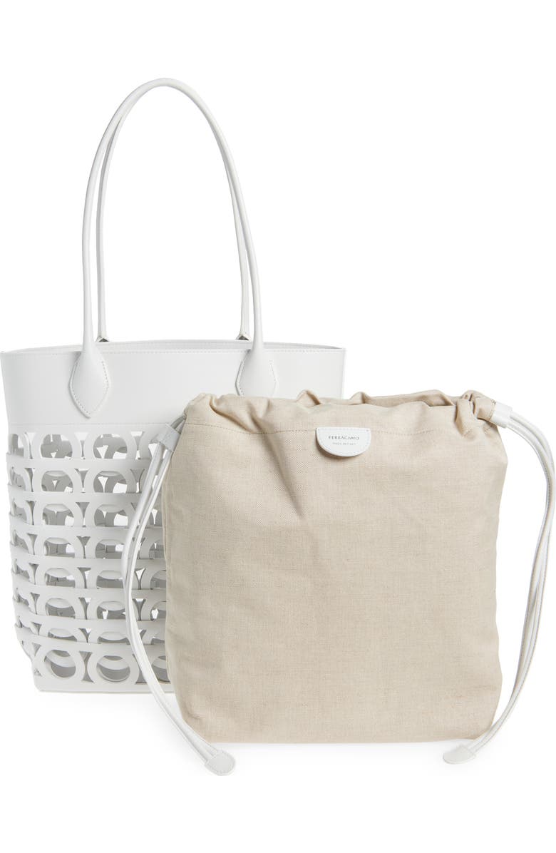 FERRAGAMO Medium Gancini Perforated Leather Tote, Alternate, color, Optic-White/ Naturale