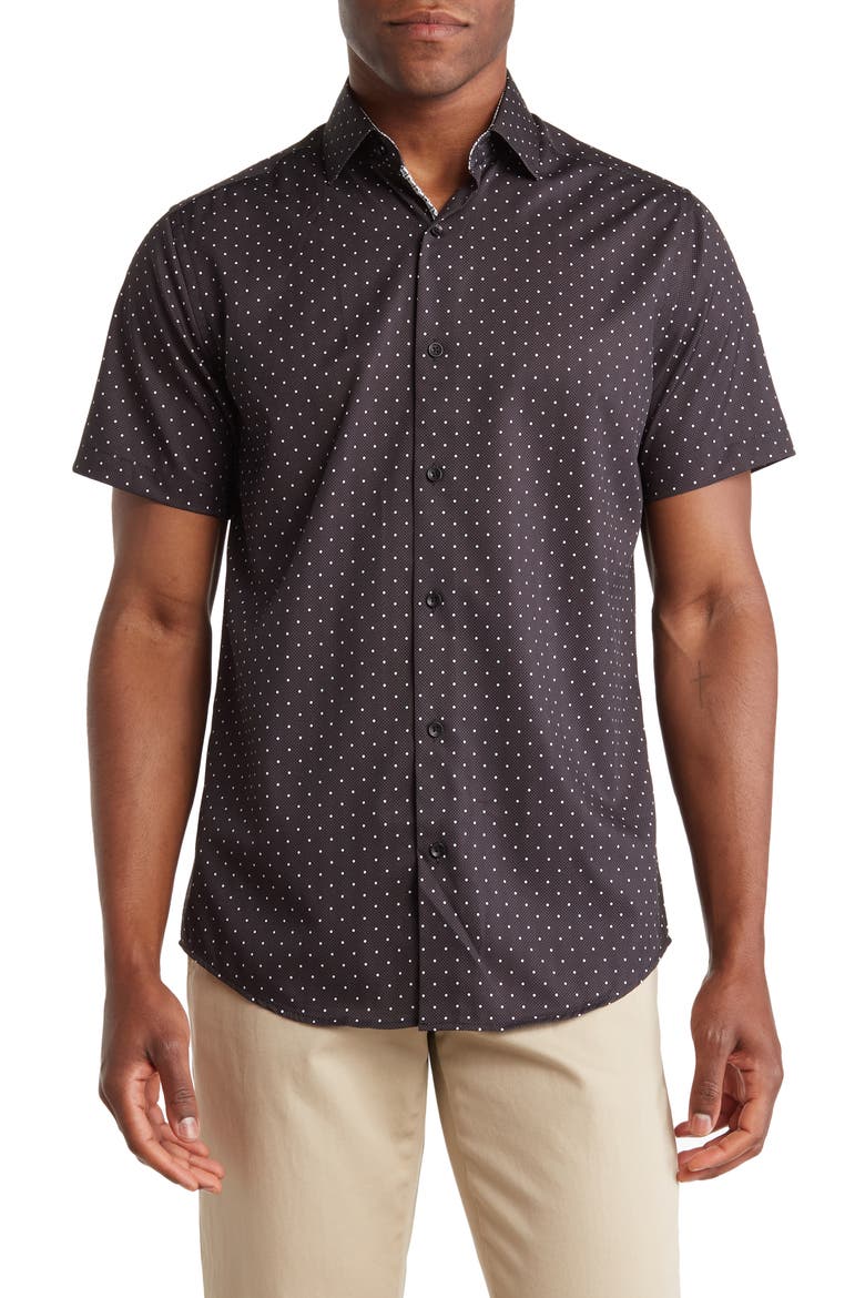 Slim Fit Performance Short Sleeve Button-Up Shirt, Main, color, BLACK