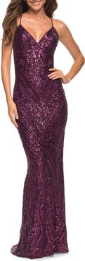 La Femme Print Sequin Gown in Jewel Tones with V Neckline