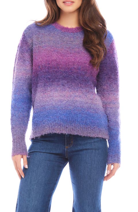 Striped Flared Sleeve Sweater with High Neck - Purple