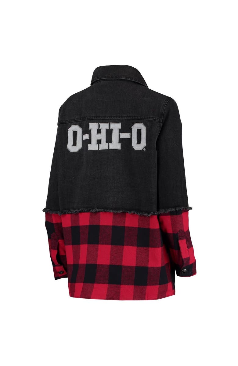 THE WILD COLLECTIVE Women's The Wild Collective Black/Scarlet Ohio State Buckeyes Denim Flannel Stitch Button-Up Shirt, Alternate, color, 