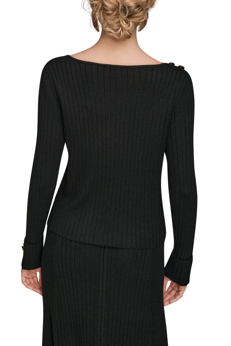 Button Shoulder Boat Neck Rib Sweater, Alternate, color, BLACK
