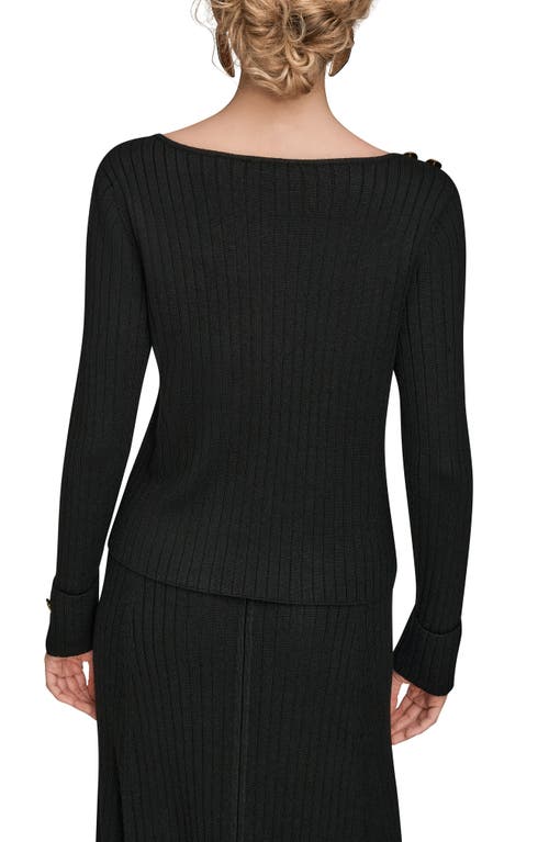 Donna Karan New York Button Shoulder Boat Neck Rib Sweater In Black