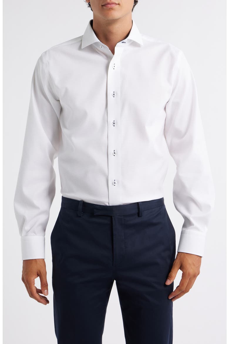 Trim Fit Solid White Textured Stretch Cotton Dress Shirt, Main, color, WHITE