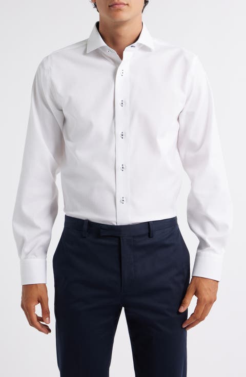 Trim Fit Solid White Textured Stretch Cotton Dress Shirt (Regular & Big)