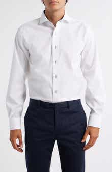 Trim Fit Solid White Textured Stretch Cotton Dress Shirt