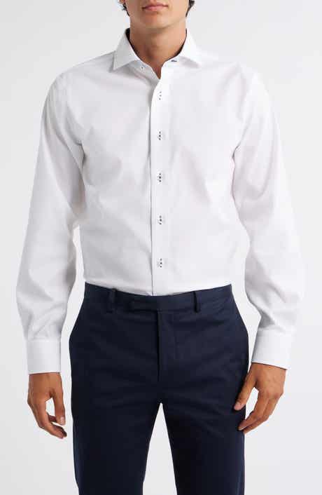 Trim Fit Solid White Textured Stretch Cotton Dress Shirt
