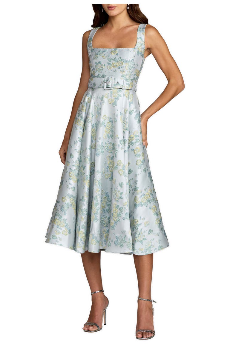 Mac Duggal Sleeveless Belted A-Line Midi Dress, Main, color, Blue Multi