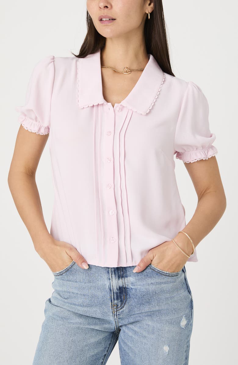 French Connection Lace Trim Short Sleeve Button-Up Shirt, Alternate, color, Pinky Promise