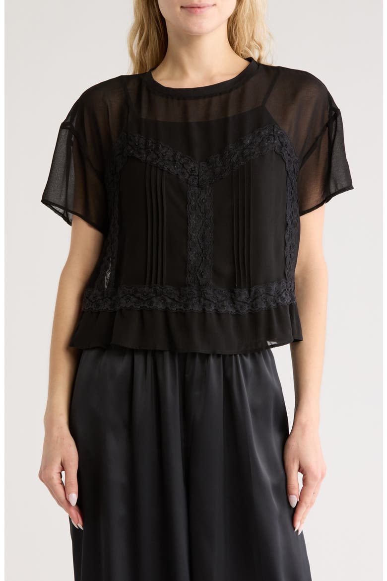 Short Sleeve Pieced Sheer Lace & Chiffon Top, Main, color, BLACK