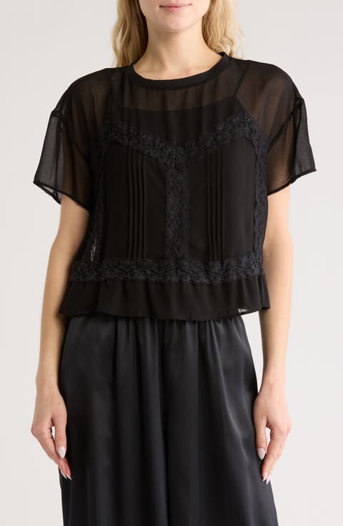 Short Sleeve Pieced Sheer Lace & Chiffon Top