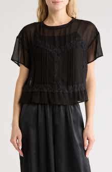 Adrianna Papell Short Sleeve Pieced Sheer Lace & Chiffon Top