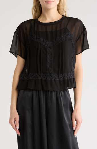 Adrianna Papell Short Sleeve Pieced Sheer Lace & Chiffon Top