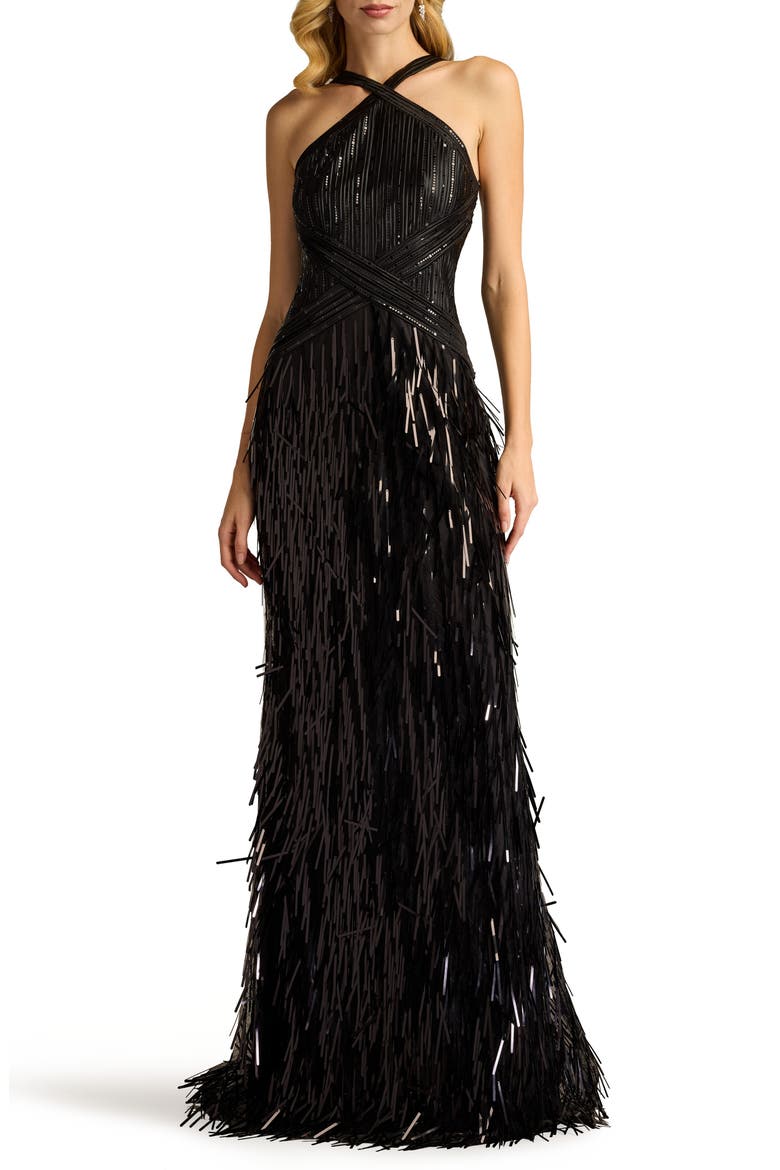 Sequin & Tassel Detail Gown, Main, color, BLACK