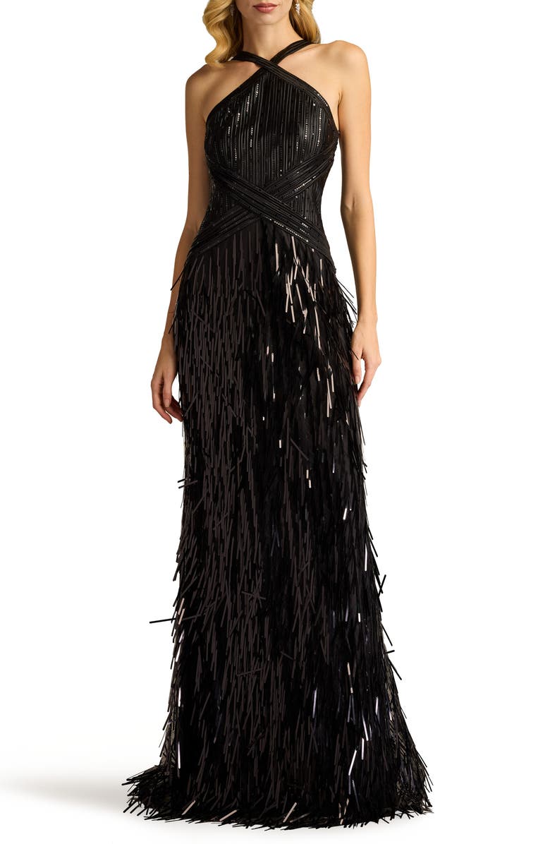SHO by Tadashi Shoji Sequin & Tassel Detail Gown, Main, color, Black
