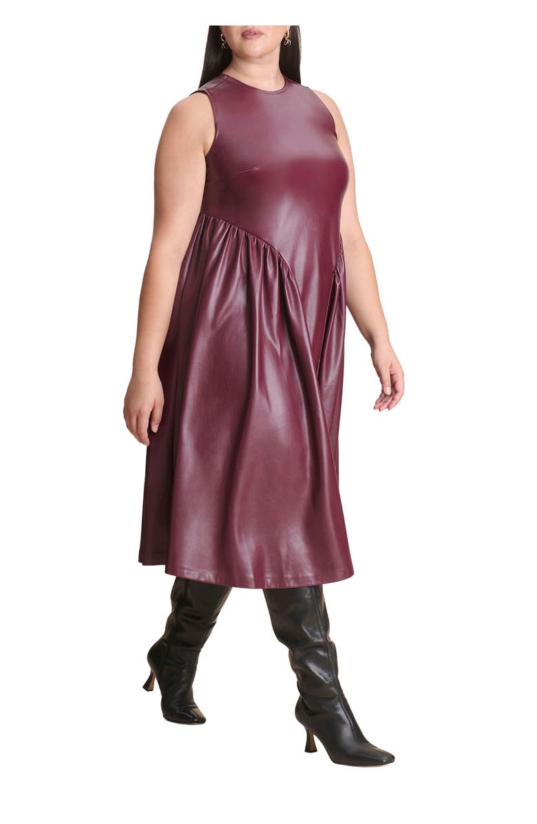 ELOQUII Faux Leather Fit And Flare Dress, Main, color, Fig