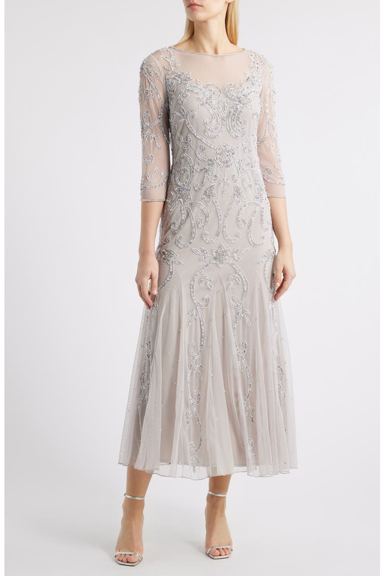 Beaded Illusion Neck Gown, Main, color, SILVER