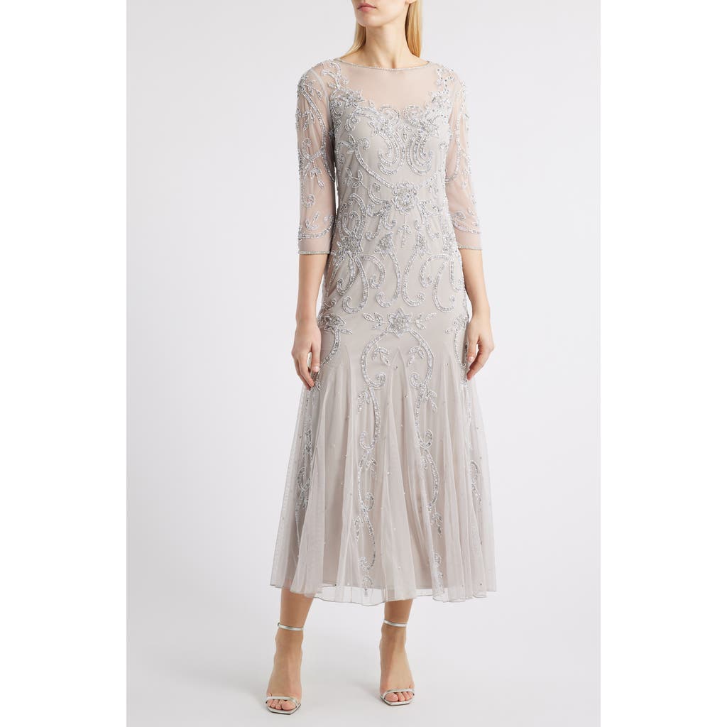 Pisarro Nights Beaded Illusion Neck Gown In Silver