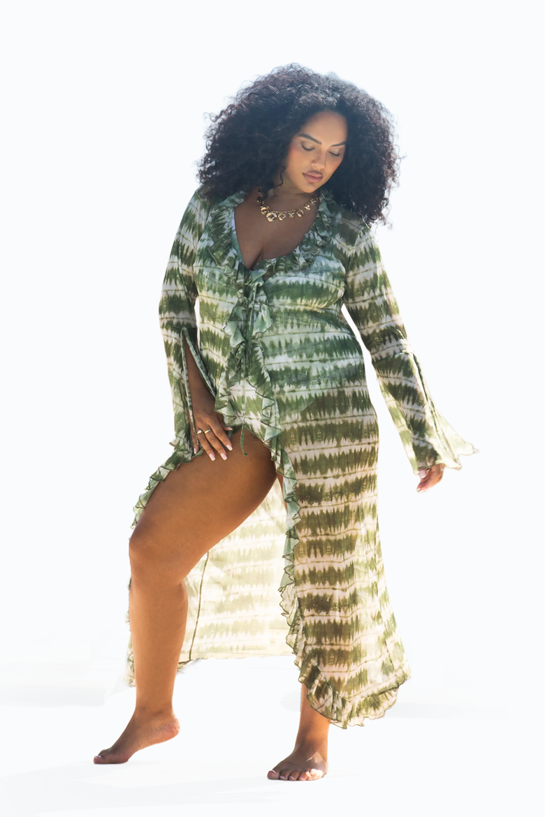 Curve Tie Dye Ruffle Resort Kaftan, Alternate, color, Green