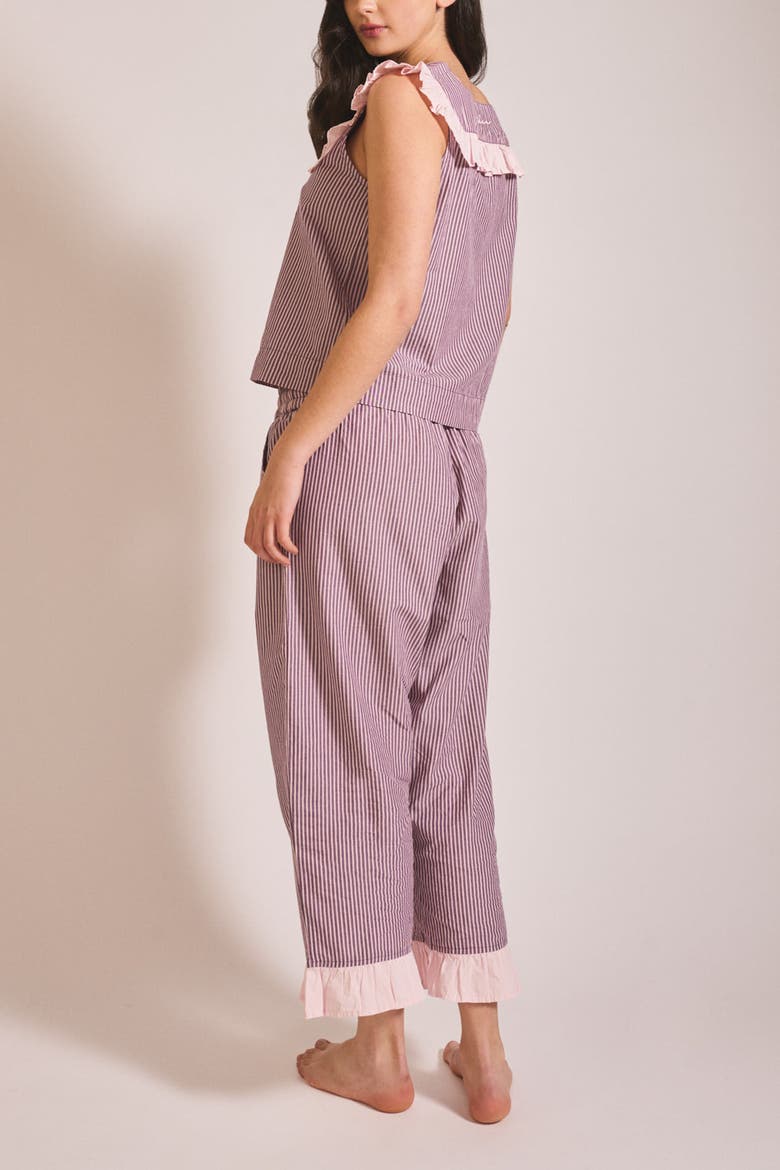 Cotton Ruffle Cropped Pajamas, Alternate, color, Burgundy Stripe Ruffle