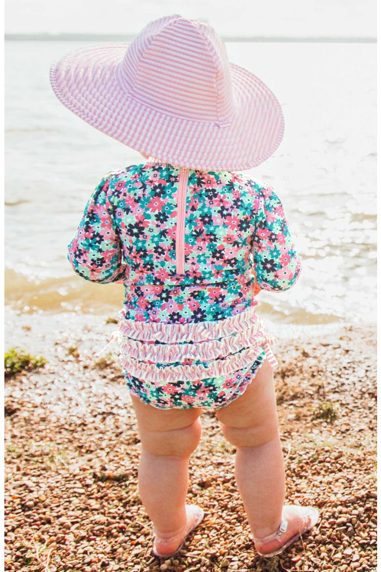 Water Lilies One-Piece Rashguard Swimsuit & Hat Set, Alternate, color, BLUE