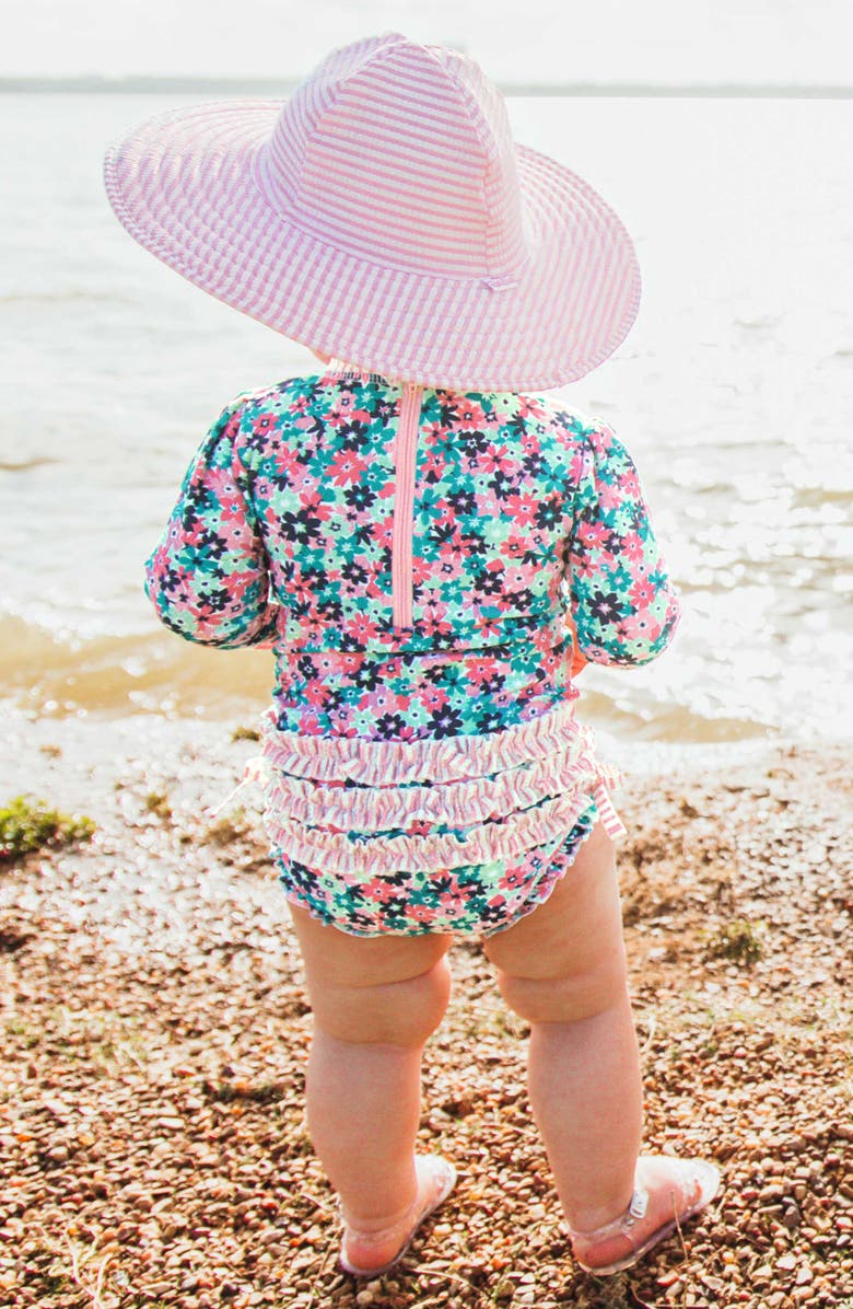 RuffleButts Water Lilies One-Piece Rashguard Swimsuit & Hat Set, Alternate, color, 