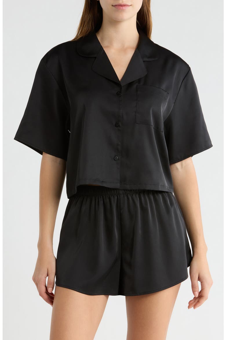 Boxy Stretch Satin Short Pajamas, Main, color, BLACK